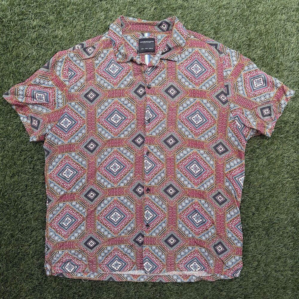 Denim & Flower Ricky Singh Men’s L Geometric Diamond Print Red Button Down Shirt